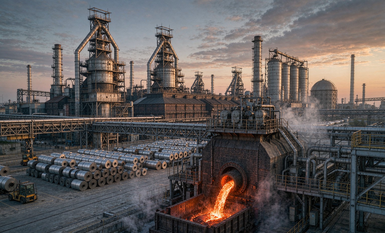 Integrated steel plant with blast furnaces and stacked steel coils at dusk
