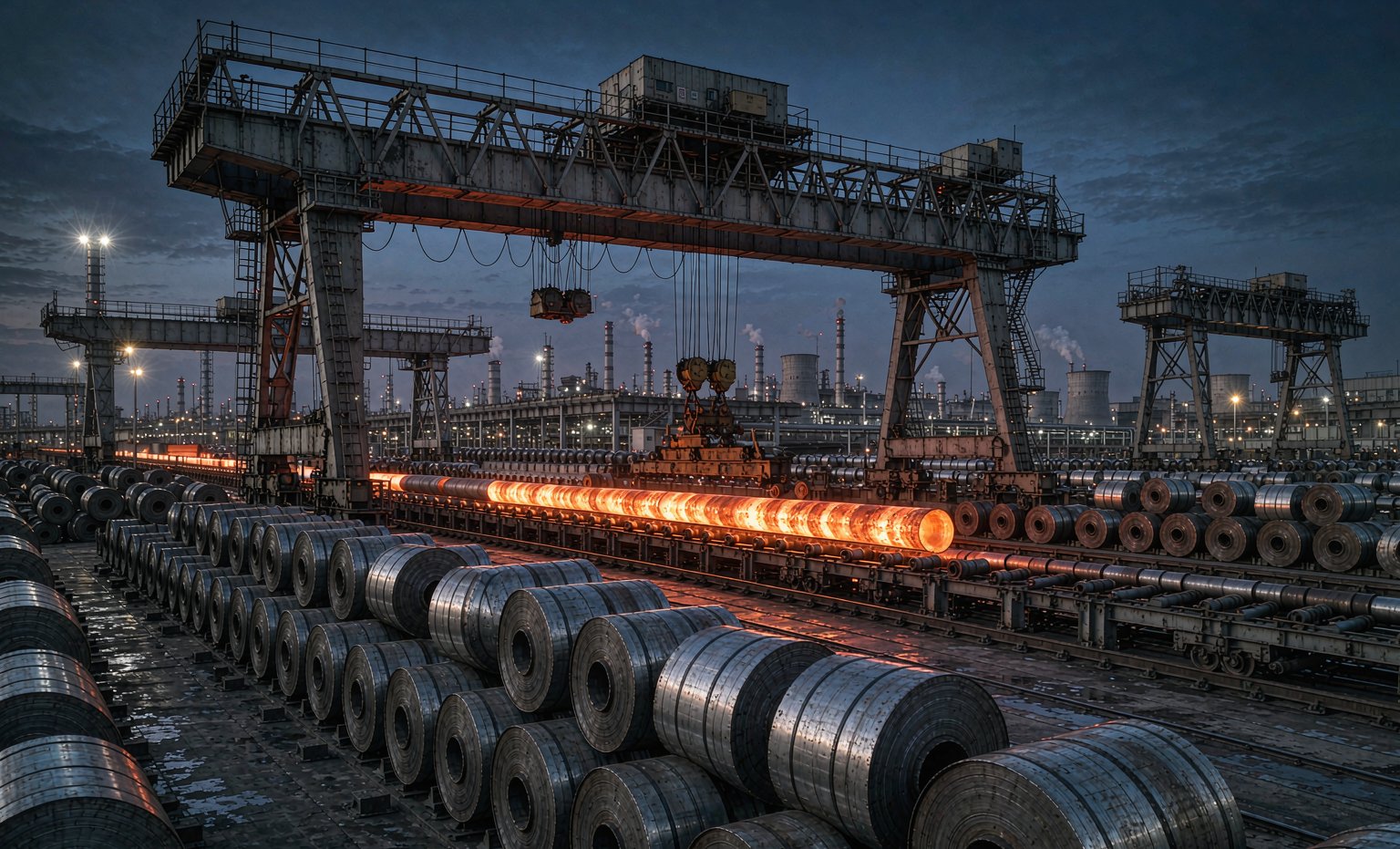 Hot-rolled steel coils stacked in a steel mill yard at dusk
