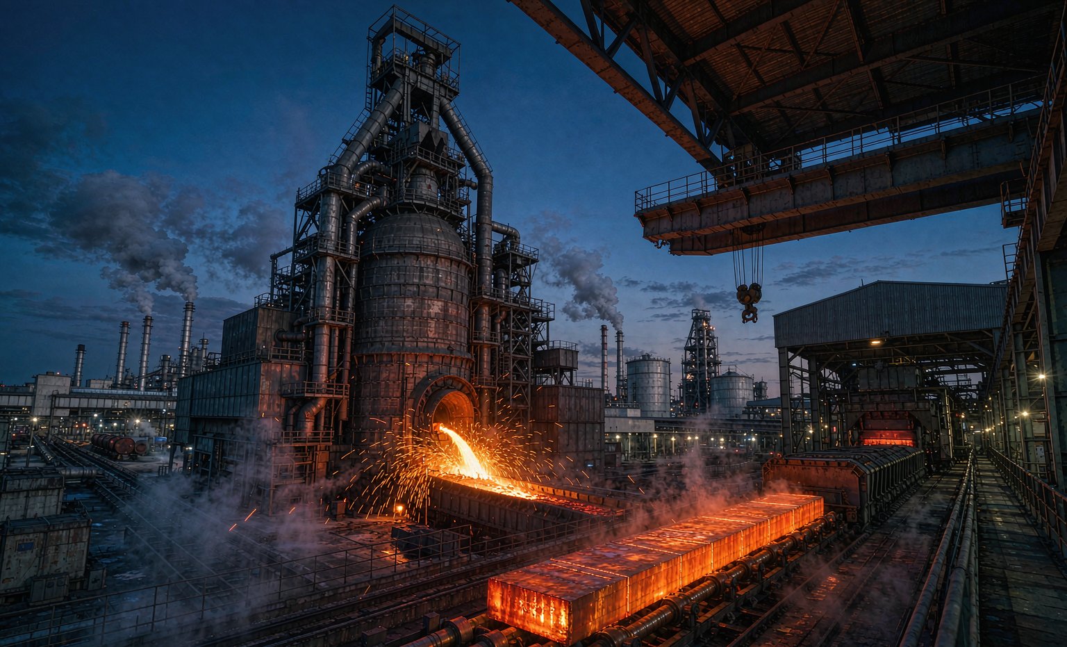Blast furnace and hot rolling mill at an integrated steel plant at dusk
