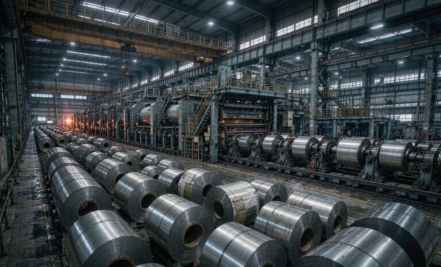 Cold-rolled and galvanized steel coils inside a steel finishing plant