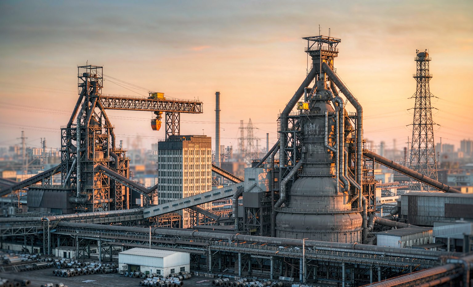 Modern integrated steel plant with blast furnaces and rolling mills at dusk