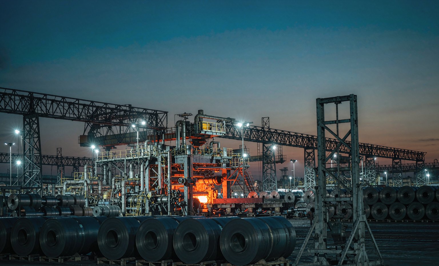 Hot-rolled coil stacked at a US steel mill, illustrating benchmark coil prices