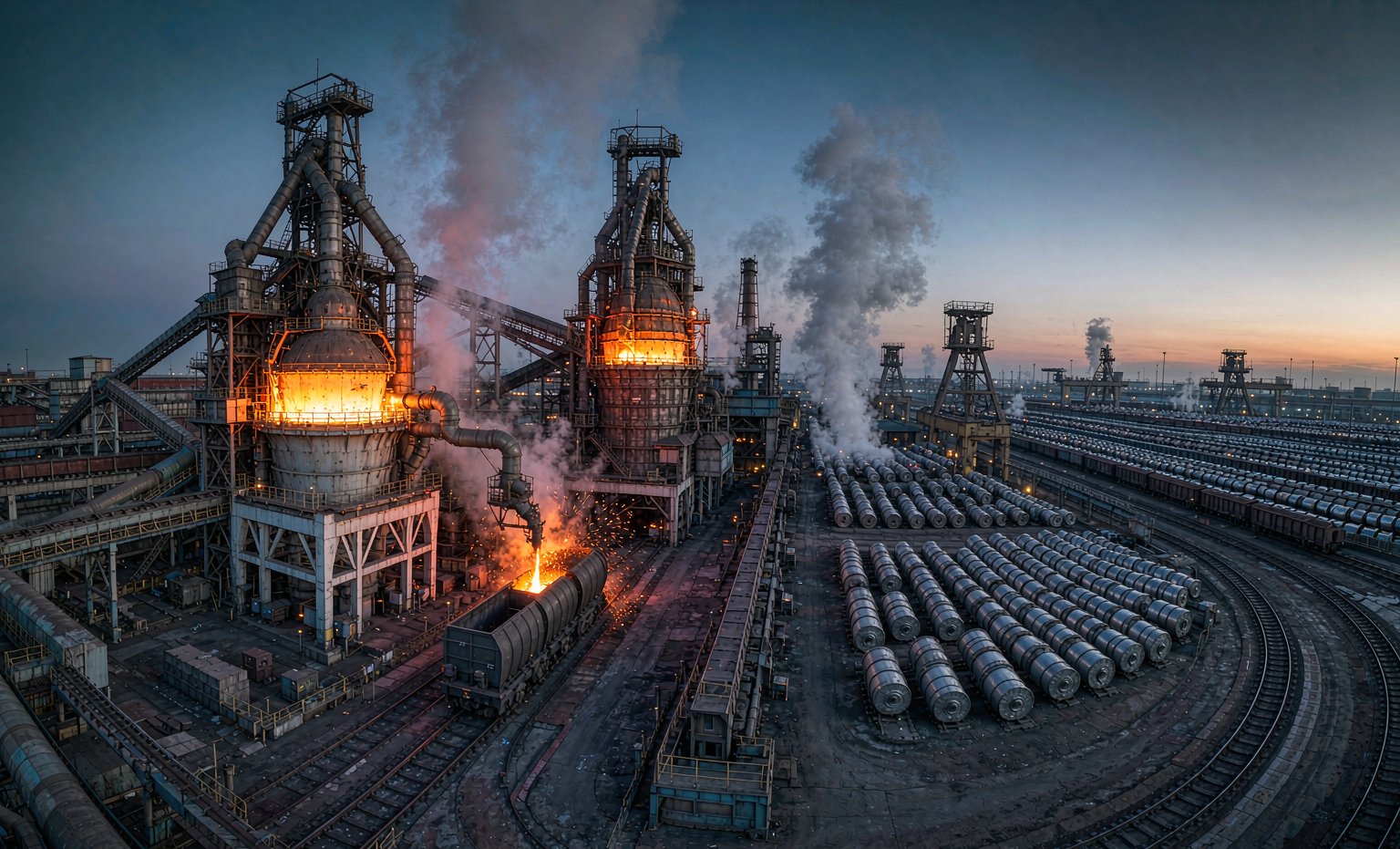 An integrated steel plant in China with blast furnace and stacked steel coils at dusk