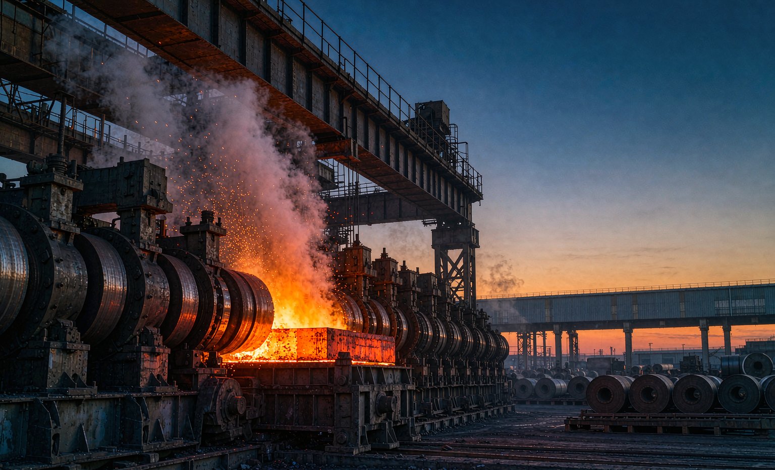 A hot-strip rolling mill at dusk with a glowing slab, stacked steel coils and industrial gantries